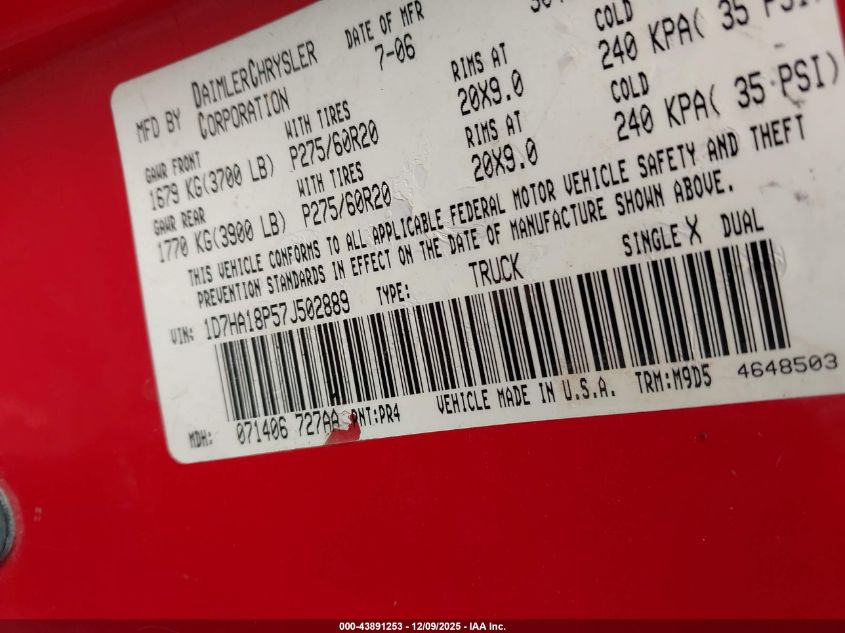 2007 Dodge Ram 1500 Slt VIN: 1D7HA18P57J502889 Lot: 43891253