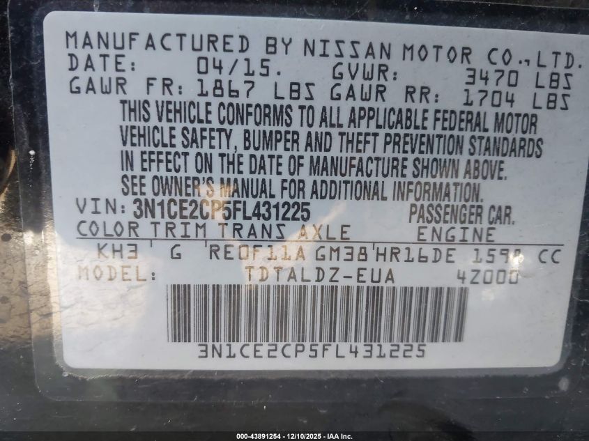 2015 Nissan Versa Note Sv VIN: 3N1CE2CP5FL431225 Lot: 43891254