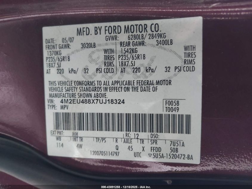 2007 Mercury Mountaineer Premier VIN: 4M2EU488X7UJ18324 Lot: 43891258