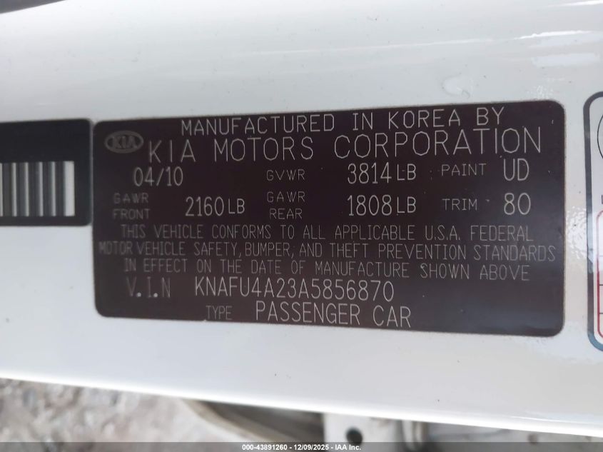 2010 Kia Forte Ex VIN: KNAFU4A23A5856870 Lot: 43891260