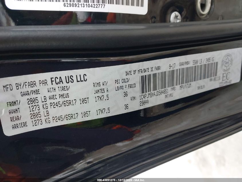 2018 Jeep Cherokee Trailhawk VIN: 1C4PJMBX4JD504851 Lot: 43891275