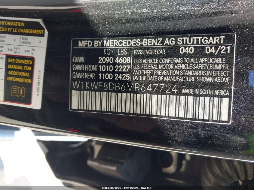 2021 Mercedes-Benz C 300 Sedan VIN: W1KWF8DB0MR637724 Lot: 43891276