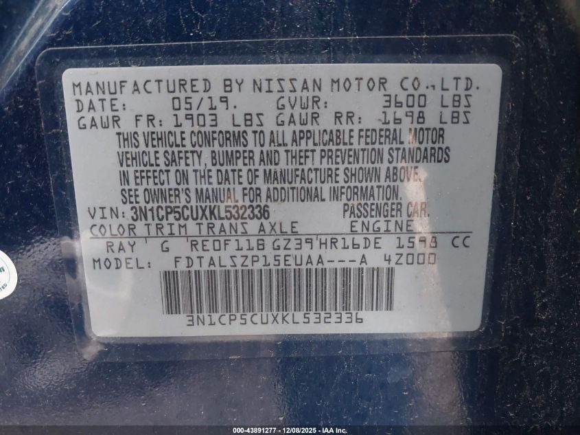 2019 Nissan Kicks Sv VIN: 3N1CP5CUXKL532336 Lot: 43891277