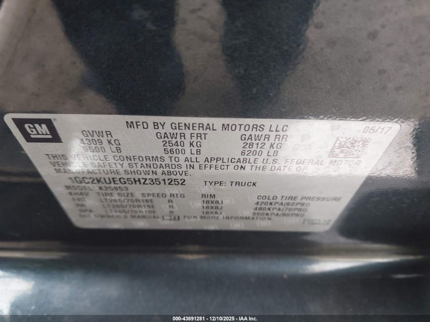 2017 Chevrolet Silverado 2500Hd Wt VIN: 1GC2KUEG5HZ351252 Lot: 43891281
