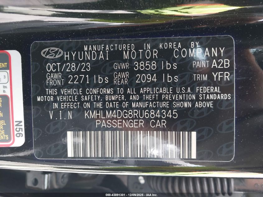 2024 Hyundai Elantra Sel VIN: KMHLM4DG8RU684345 Lot: 43891301