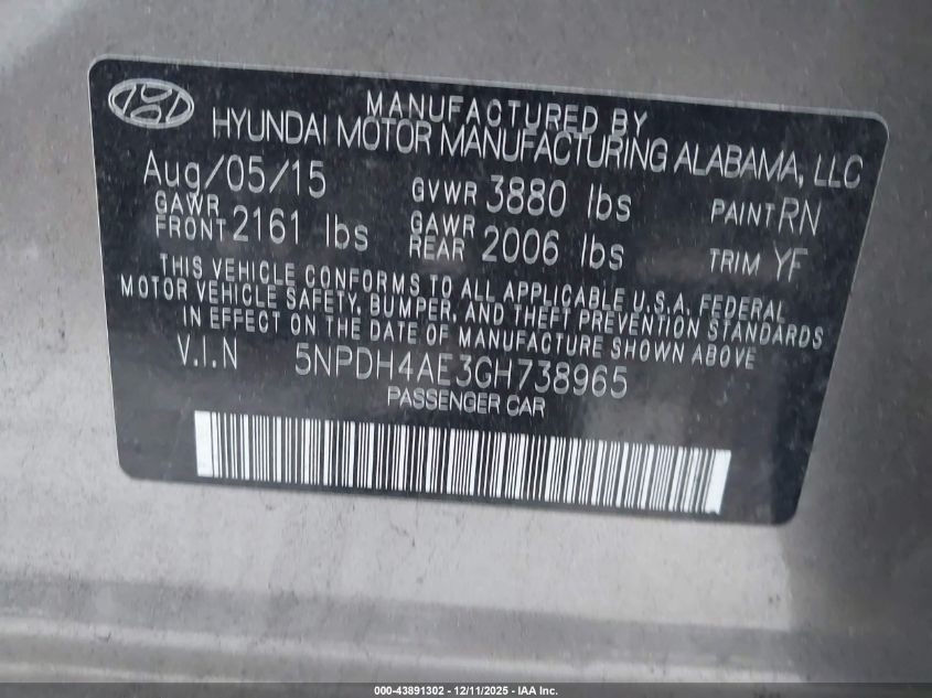 2016 Hyundai Elantra Se VIN: 5NPDH4AE3GH738965 Lot: 43891302