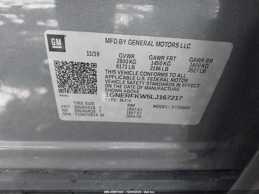 2020 Chevrolet Traverse Fwd Ls VIN: 1GNERFKW5LJ167217 Lot: 43891303