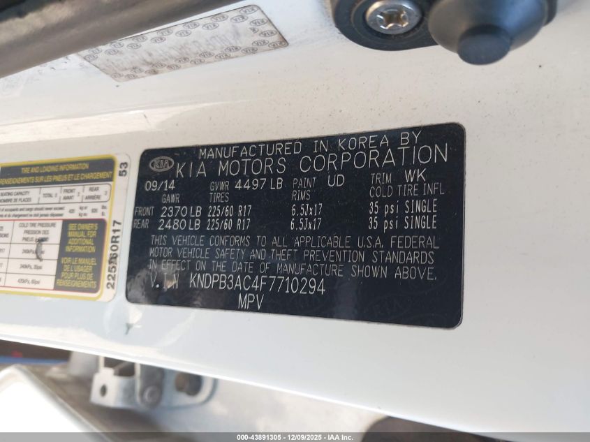 2015 Kia Sportage Lx VIN: KNDPBCAC4F7710294 Lot: 43891305