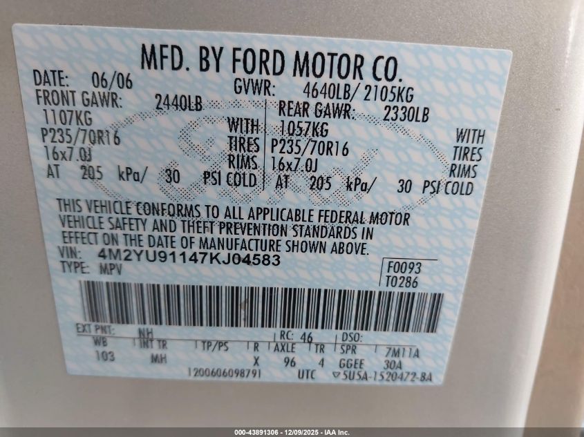 2007 Mercury Mariner Luxury VIN: 4M2YU91147KJ04583 Lot: 43891306