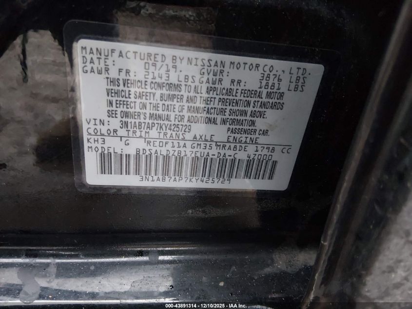 2019 Nissan Sentra Sv VIN: 3N1AB7AP7KY425729 Lot: 43891314