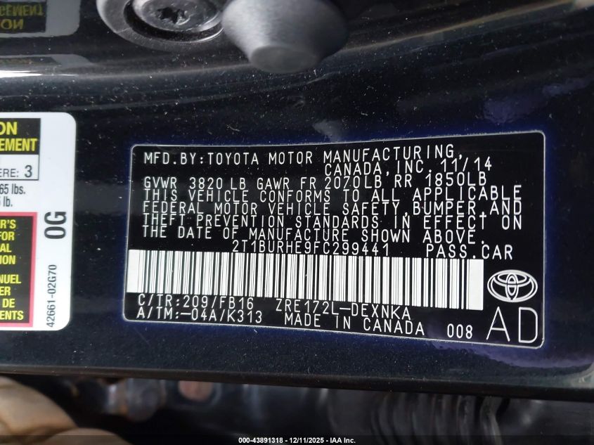 2015 Toyota Corolla Le Plus VIN: 2T1BURHE9FC299441 Lot: 43891318