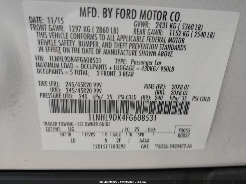 2015 Lincoln Mks VIN: 1LNHL9DK4FG608531 Lot: 43891322