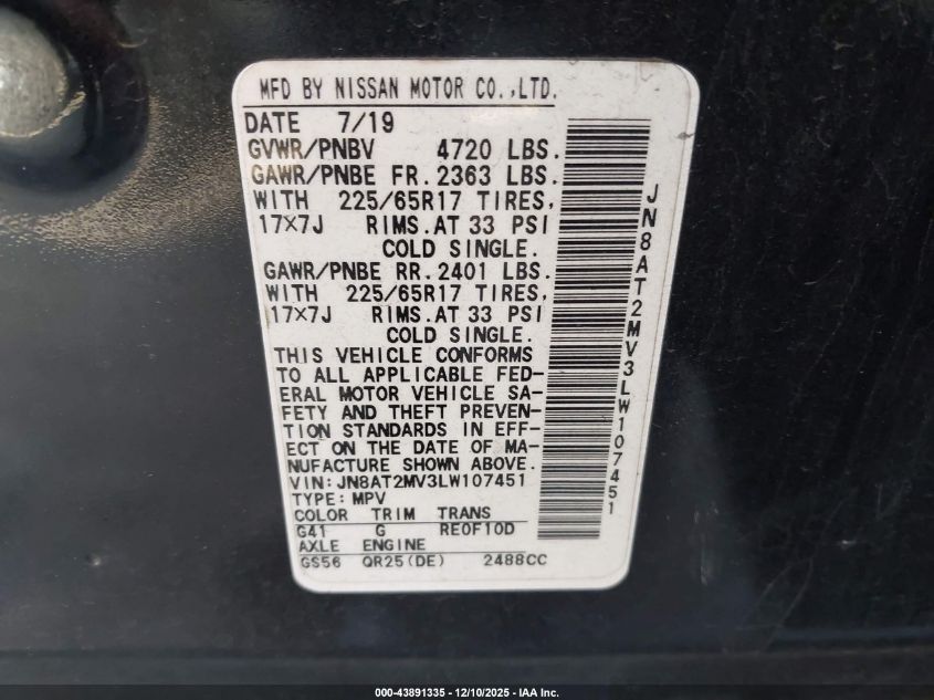 2020 Nissan Rogue Sv Intelligent Awd VIN: JN8AT2MV3LW107451 Lot: 43891335