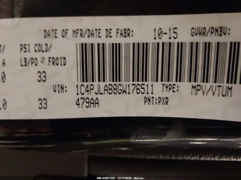 2016 Jeep Cherokee Sport VIN: 1C4PJLAB8GW176511 Lot: 43891338