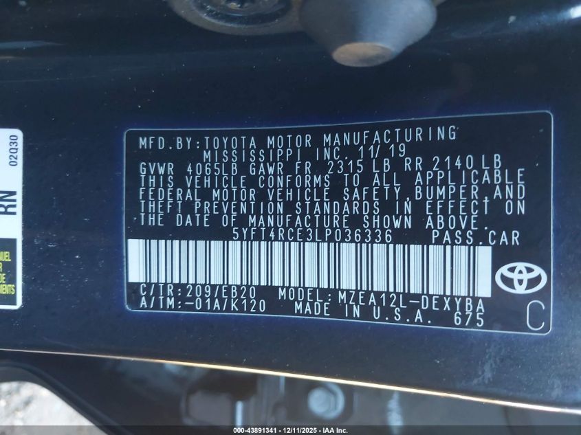 2020 Toyota Corolla Xse VIN: 5YFT4RCE3LP036336 Lot: 43891341