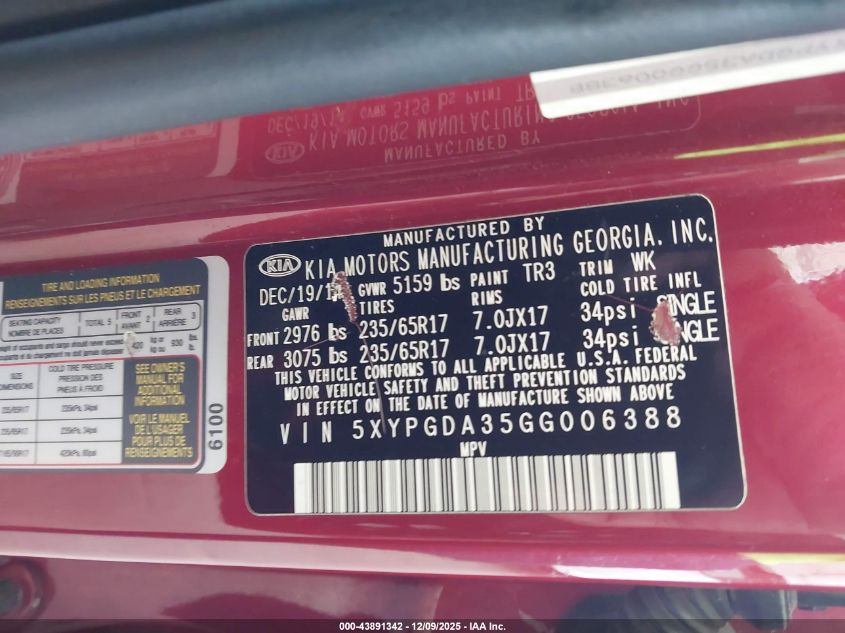 2016 Kia Sorento 2.4L Lx VIN: 5XYPGDA35GG006388 Lot: 43891342