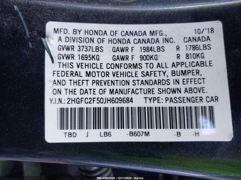 2018 Honda Civic Lx VIN: 2HGFC2F50JH609684 Lot: 43891345
