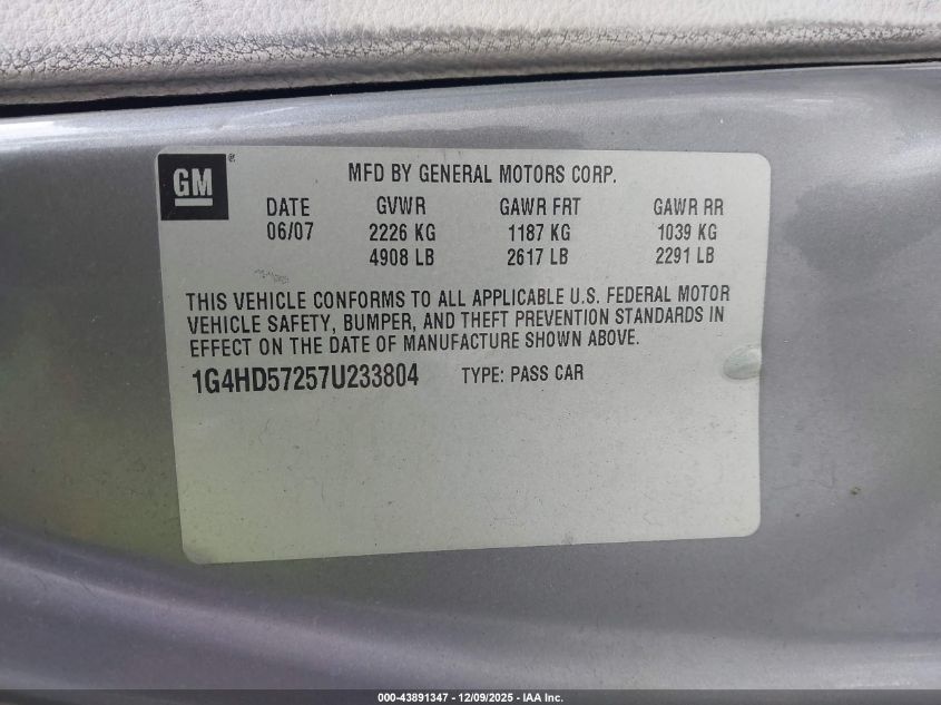 2007 Buick Lucerne Cxl VIN: 1G4HD57257U233804 Lot: 43891347