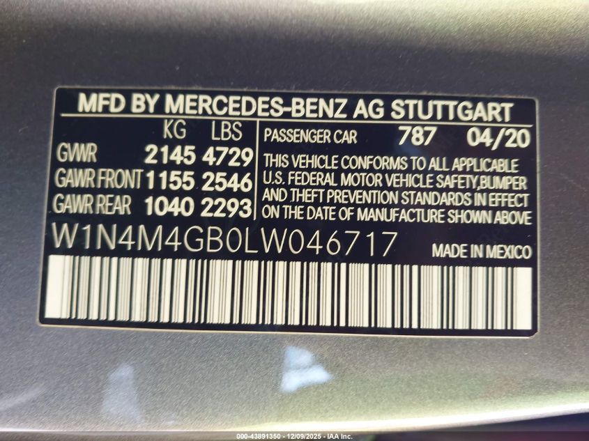 2020 Mercedes-Benz Glb 250 VIN: W1N4M4GB0LW046717 Lot: 43891350
