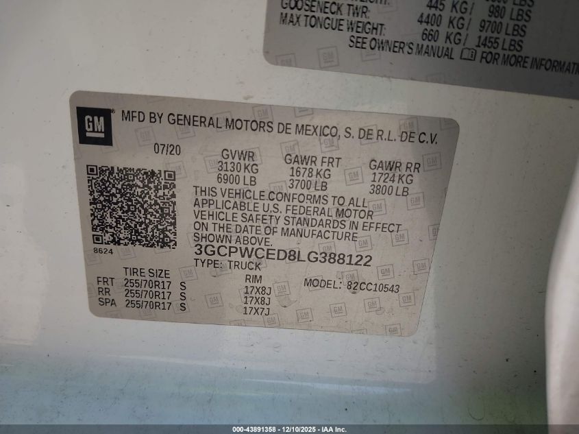 2020 Chevrolet Silverado 1500 2Wd Short Bed Lt VIN: 3GCPWCED8LG388122 Lot: 43891358