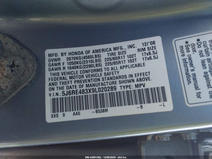 2009 Honda Cr-V Lx VIN: 5J6RE483X9L020289 Lot: 43891362