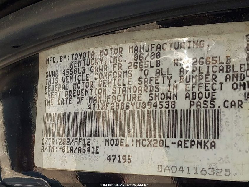 2000 Toyota Avalon Xl VIN: 4T1BF28B6YU094538 Lot: 43891368