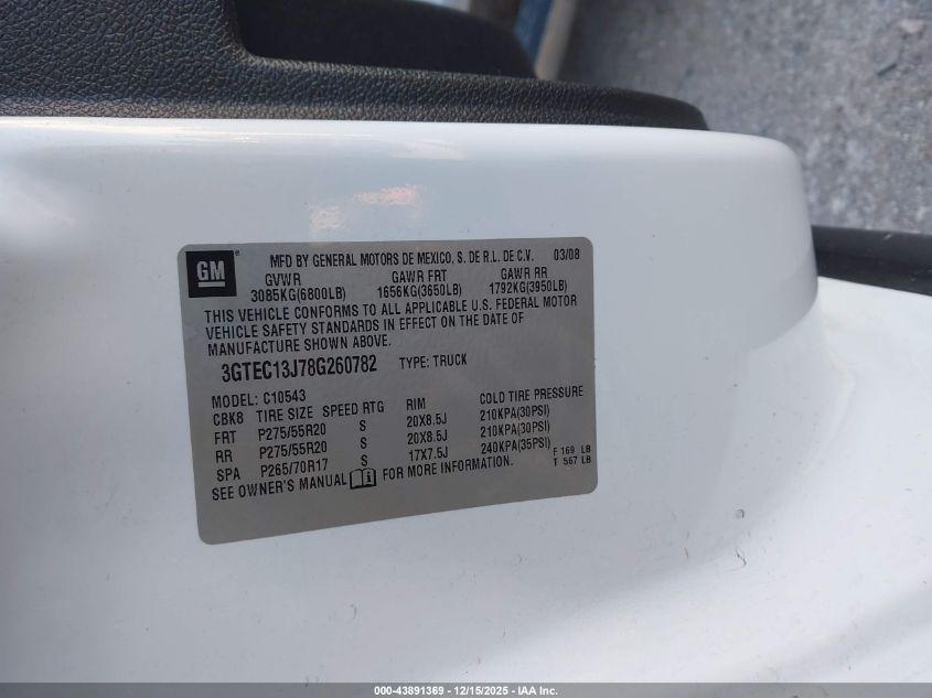 2008 GMC Sierra 1500 Sle1 VIN: 3GTEC13J78G260782 Lot: 43891369