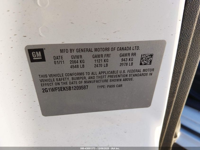 2011 Chevrolet Impala Ls VIN: 2G1WF5EK5B1209587 Lot: 43891373