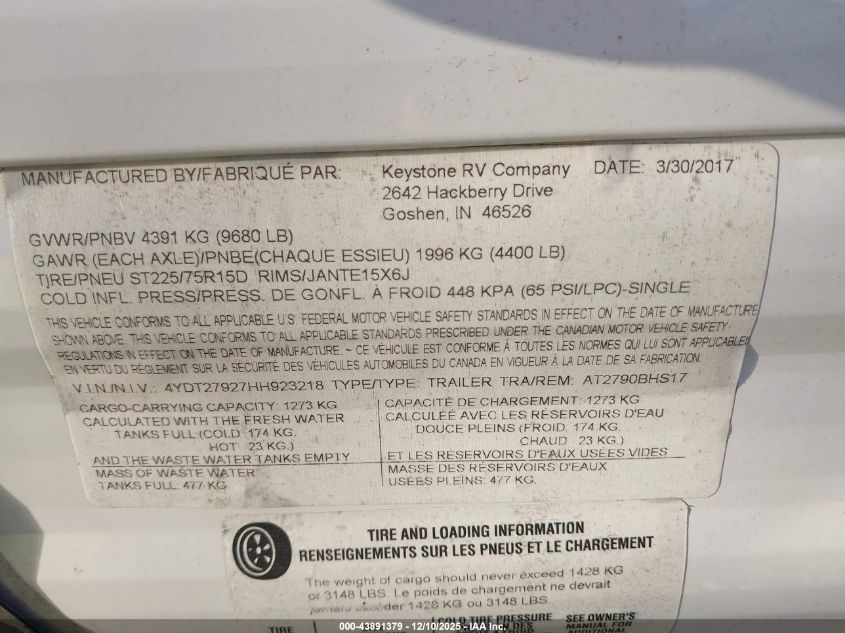 2017 Aspen Other VIN: 4YDT27927HH923218 Lot: 43891379