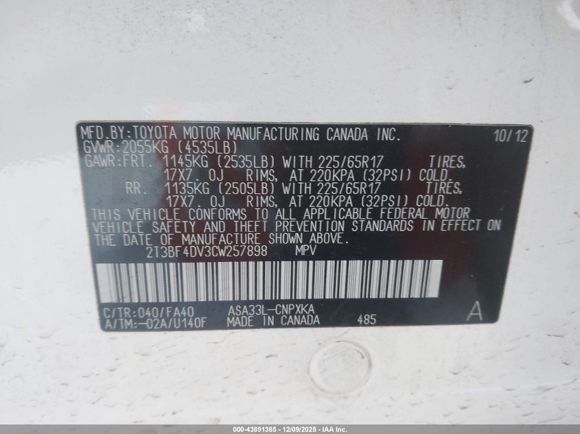 2012 Toyota Rav4 VIN: 2T3BF4DV3CW257898 Lot: 43891385