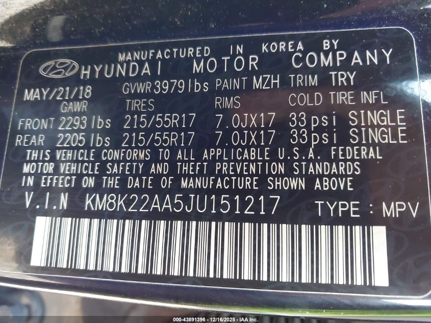 2018 Hyundai Kona Sel VIN: KM8K22AA5JU151217 Lot: 43891396