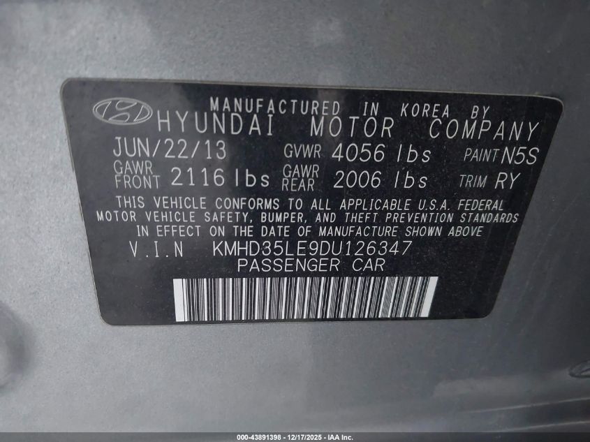 2013 Hyundai Elantra Gt VIN: KMHD35LE9DU126347 Lot: 43891398