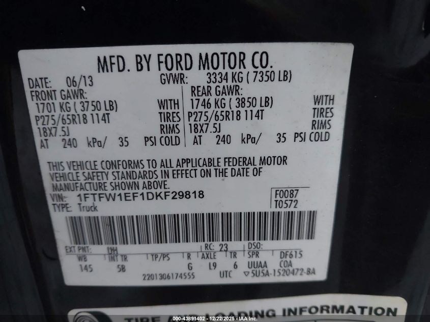 2013 Ford F-150 Fx4 VIN: 1FTFW1EF1DKF29818 Lot: 43891402