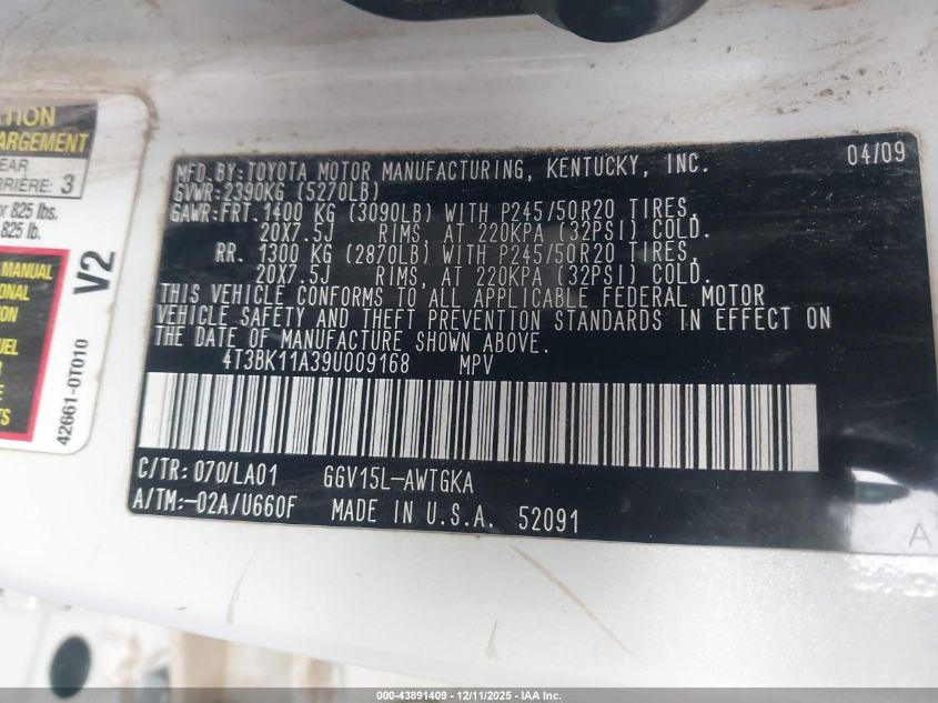 2009 Toyota Venza Base V6 VIN: 4T3BK11A39U009168 Lot: 43891409