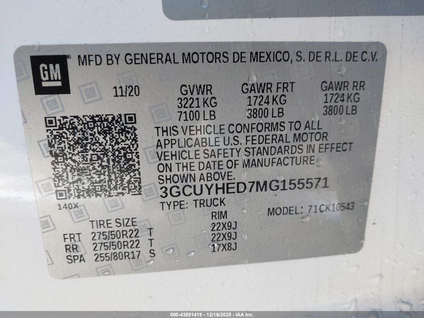 2021 Chevrolet Silverado 1500 4Wd Short Bed High Country VIN: 3GCUYHED7MG155571 Lot: 43891419