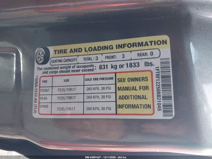 2006 Ford F-150 Stx/Xl/Xlt VIN: 1FTRF12256NB21046 Lot: 43891427