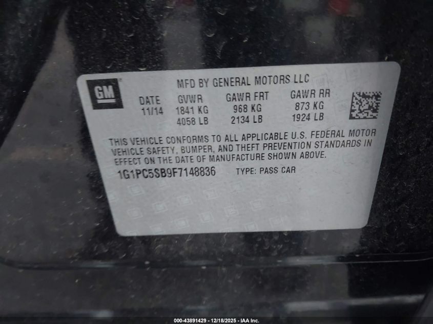 2015 Chevrolet Cruze 1Lt Auto VIN: 1G1PC5SB9F7148836 Lot: 43891429