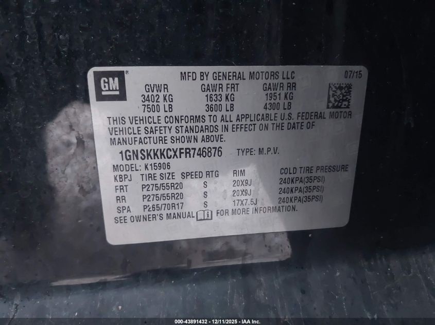 2015 Chevrolet Suburban 1500 Ltz VIN: 1GNSKKKCXFR746876 Lot: 43891432