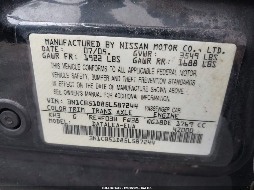 2005 Nissan Sentra 1.8S VIN: 3N1CB51D85L587244 Lot: 43891445