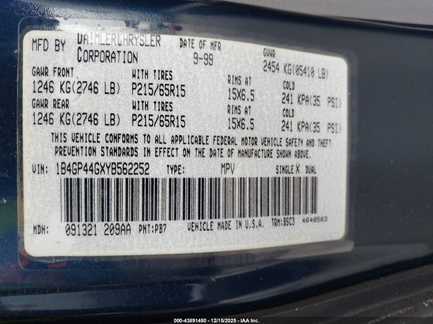 2000 Dodge Grand Caravan Se VIN: 1B4GP44GXYB562252 Lot: 43891450