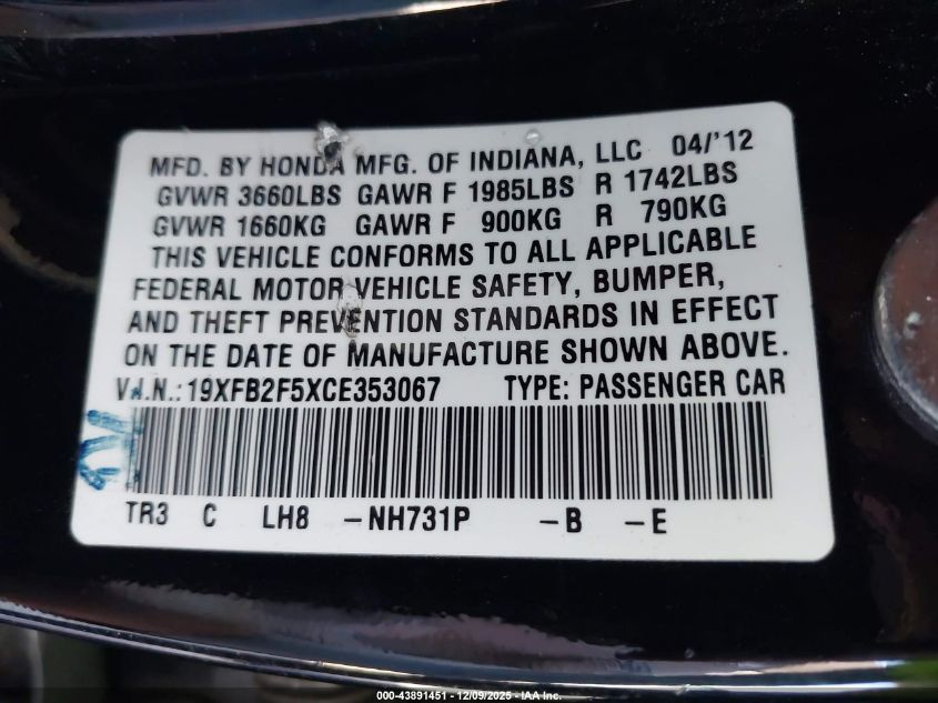 2012 Honda Civic Lx VIN: 19XFB2F5XCE353067 Lot: 43891451