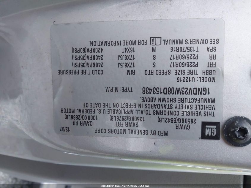 2008 Chevrolet Uplander Ls VIN: 1GNDV23W08D153438 Lot: 43891454