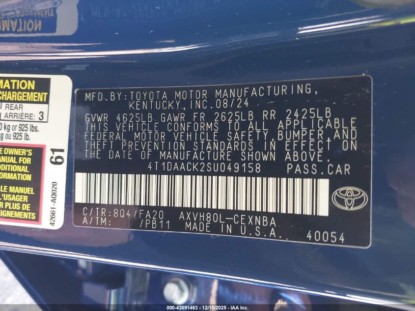 2025 Toyota Camry Le VIN: 4T1DAACK2SU049158 Lot: 43891463