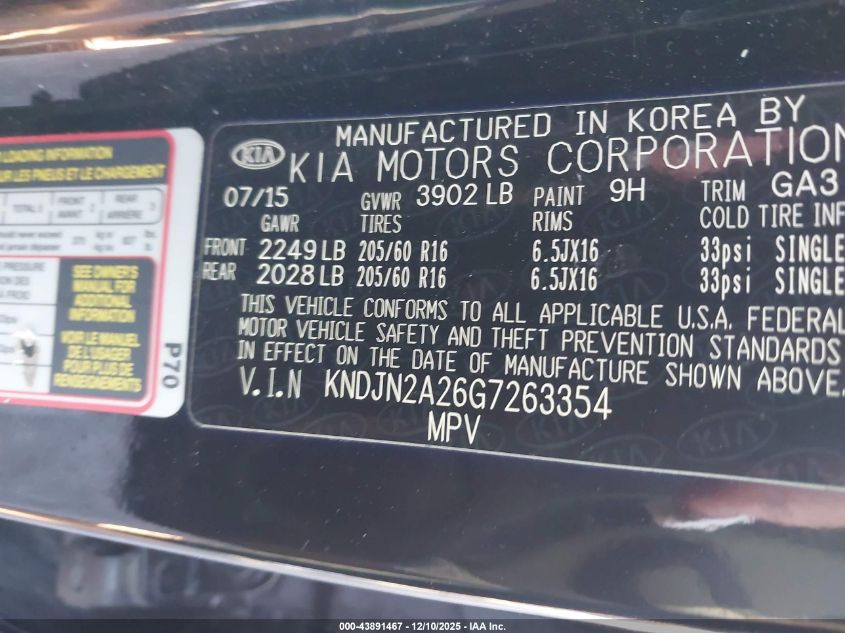 2016 Kia Soul VIN: KNDJN2A26G7263354 Lot: 43891467