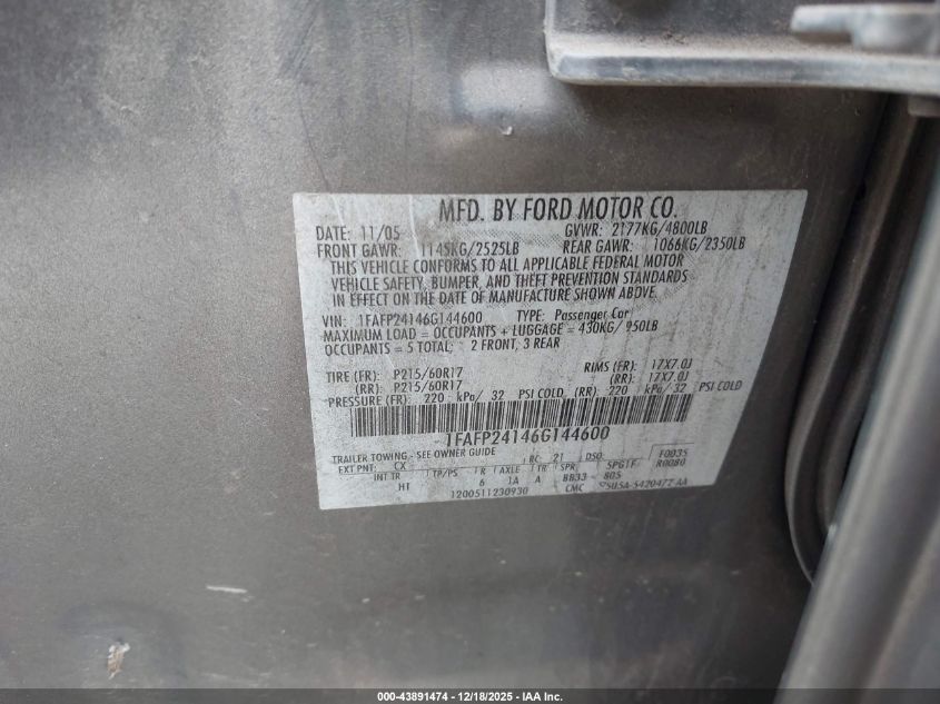 2006 Ford Five Hundred Sel VIN: 1FAFP24146G144600 Lot: 43891474