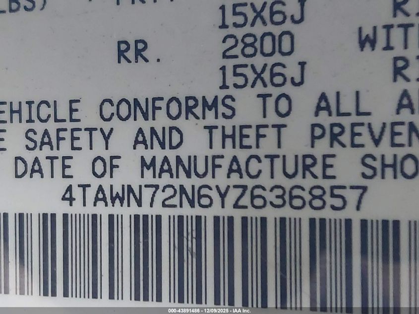 2000 Toyota Tacoma Base V6 VIN: 4TAWN72N6YZ636857 Lot: 43891486