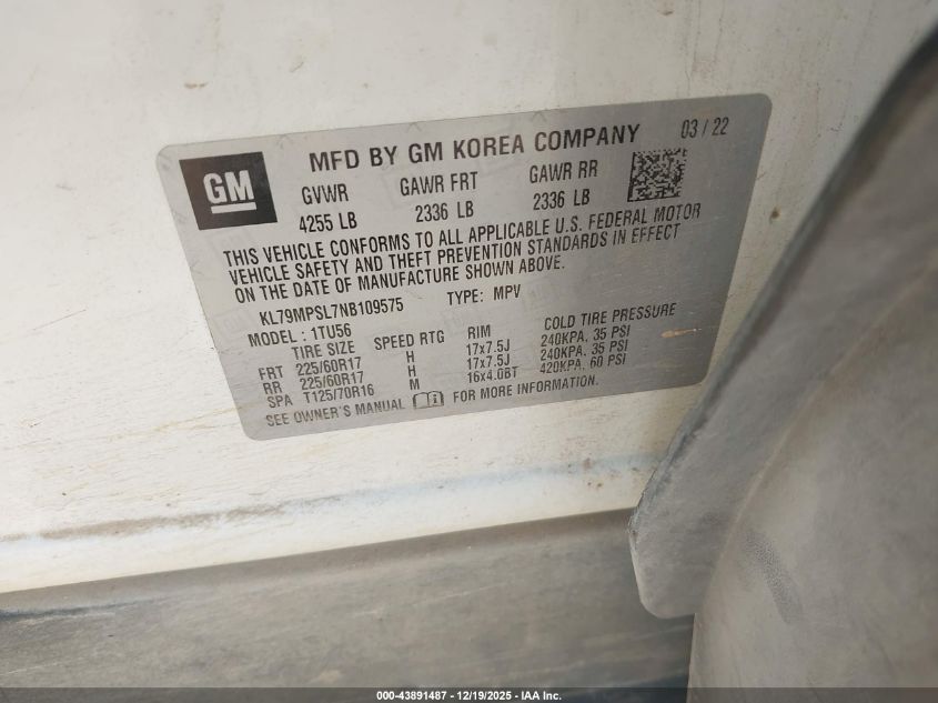 2022 Chevrolet Trailblazer Fwd Lt VIN: KL79MPSL7NB109575 Lot: 43891487