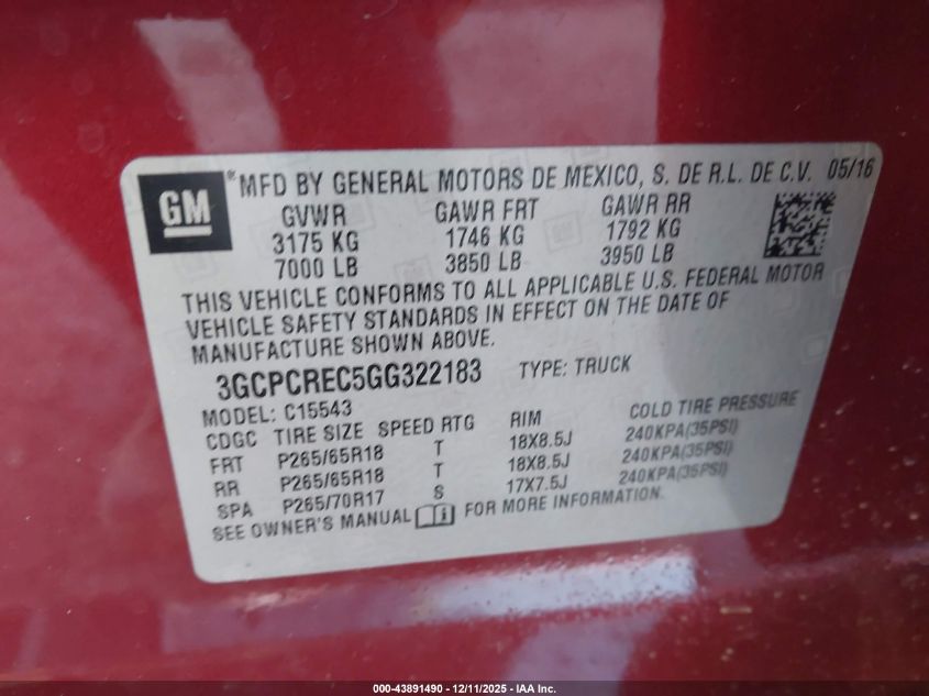 2016 Chevrolet Silverado 1500 1Lt VIN: 3GCPCREC5GG322183 Lot: 43891490