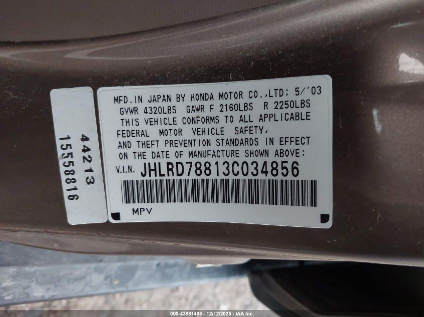 2003 Honda Cr-V Ex VIN: JHLRD78813C034856 Lot: 43891488