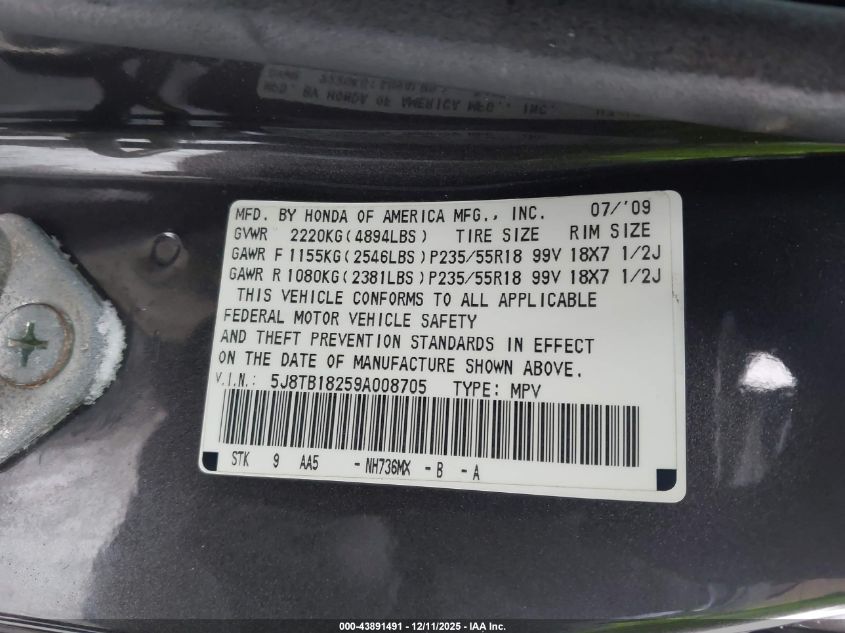 2009 Acura Rdx VIN: 5J8TB18259A008705 Lot: 43891491